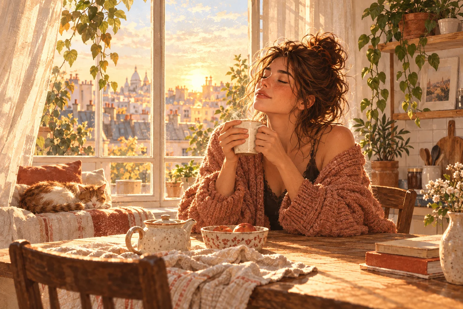 Une femme ferme les yeux, une tasse de thé dans les mains, près d’une fenêtre.
