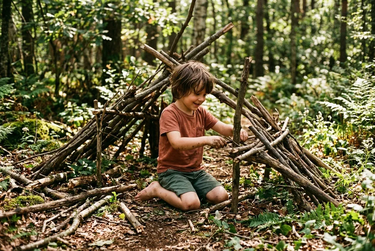 Un enfant curieux explore la nature avec ses mains, le sourire aux lèvres.