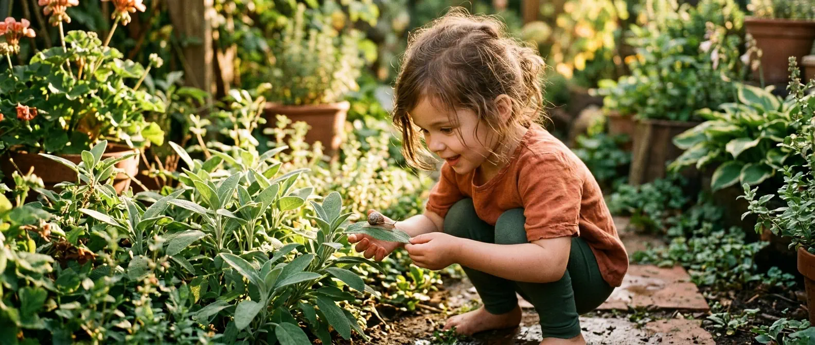 Un enfant curieux accroupi dans un jardin