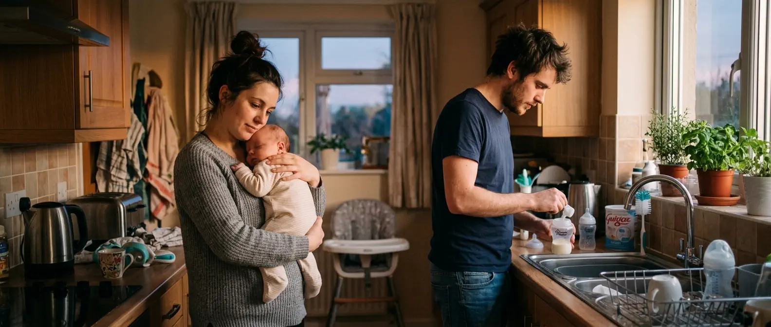 Deux jeunes parents et leur enfant, complices dans le rush du quotidien.